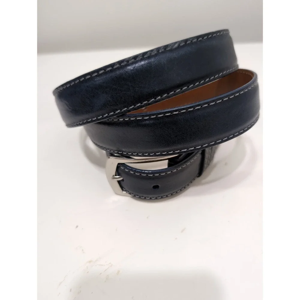 J. Hilburn Italian Calfskin  Leather Belt – Size 44 Navy Blue Silver Buckle
